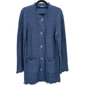 J.McLaughlin Blue Knit Fringe Tweed Long Cardigan Sweater Jacket Womens Sz Large